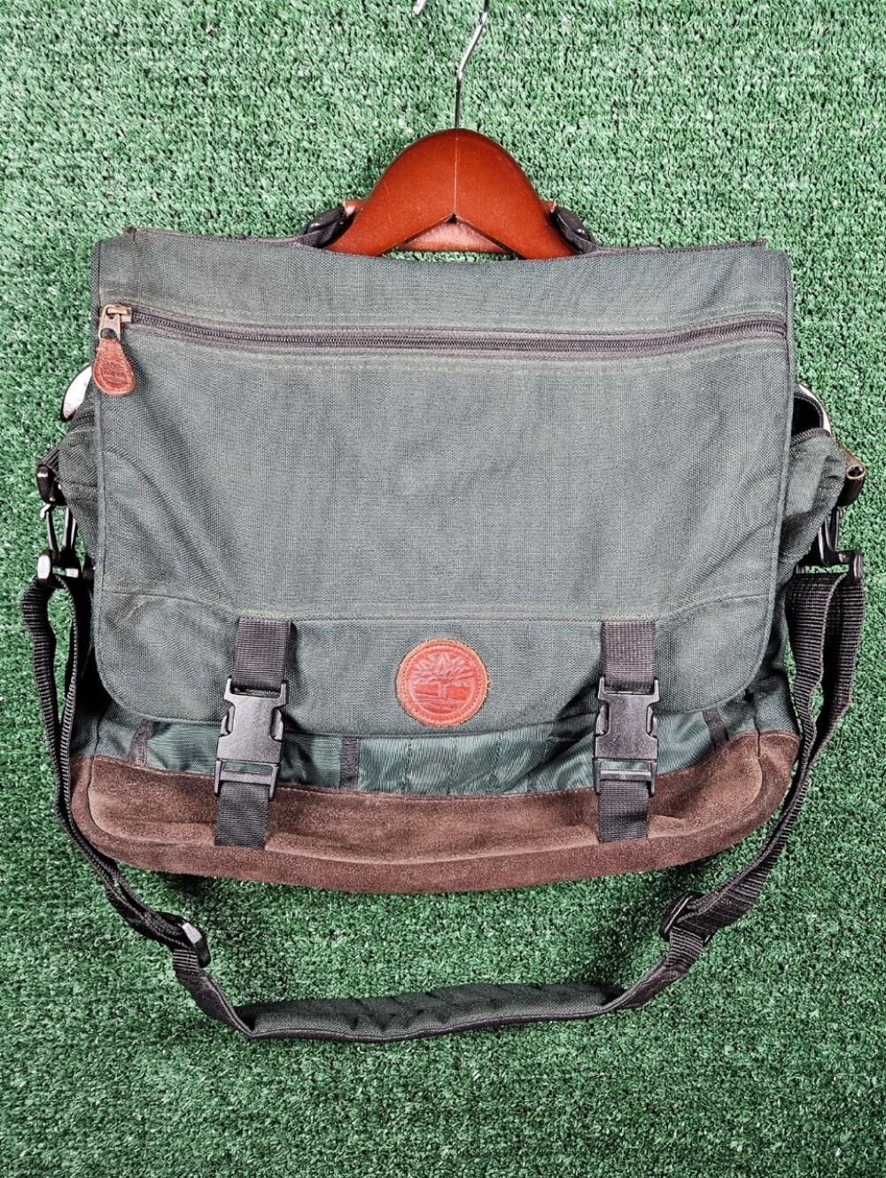 Vintage Timberland Weather Gear Messenger Bag / 16" × 12" / Green & Brown